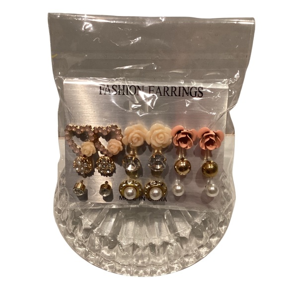 9 Pair of Earrings | NIP Pierced Earrings Pink and Gold-tones Rhinestones - Picture 1 of 5